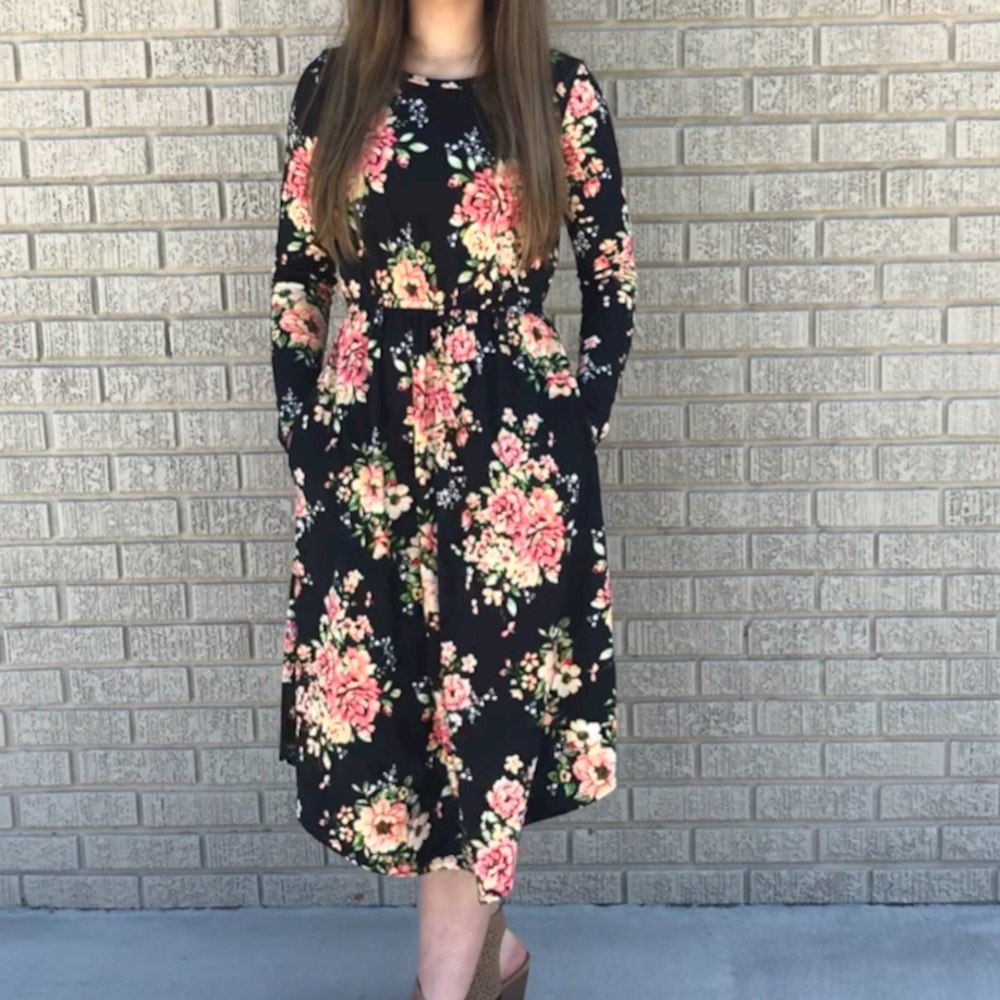 Floral midi dress with POCKETS!!!
